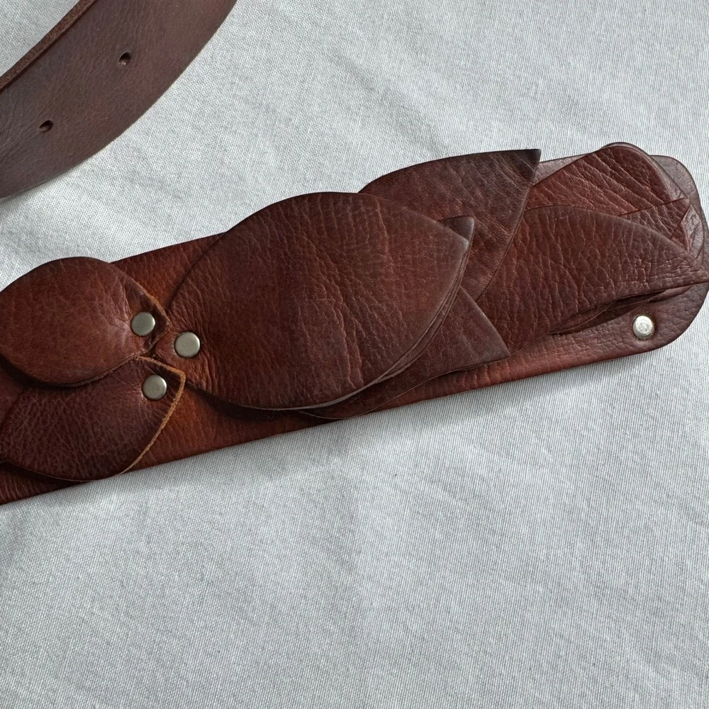 Chicos Brown Leather Boho Leaf Layered Wide Waist Belt Womens Large